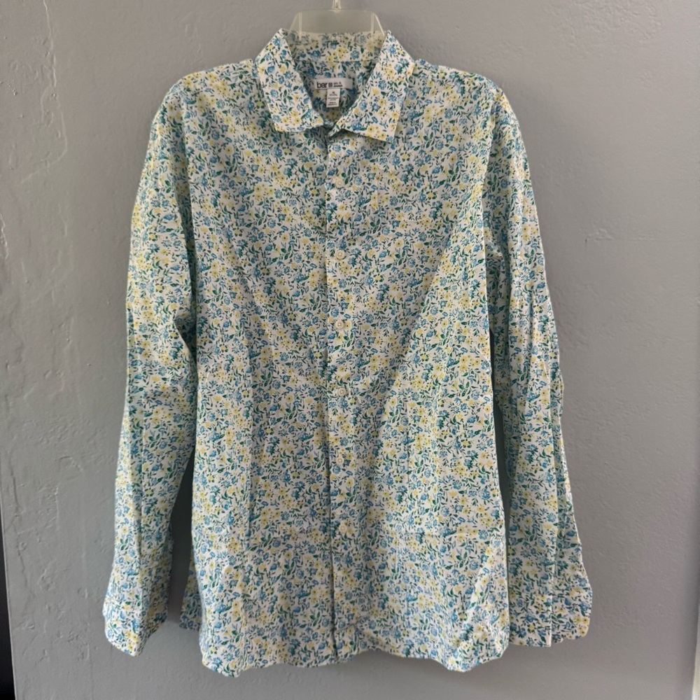 Bar III Blue and Yellow Floral Men's Long Sleeve Button Down Shirt